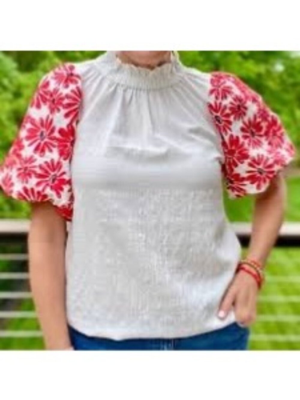 THML Embroidered Puff Sleeve Blouse Size M Button Down Back